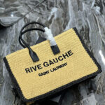 Saint Laurent Rive Gauche Tote Bag In Raffia And Leather Apricot